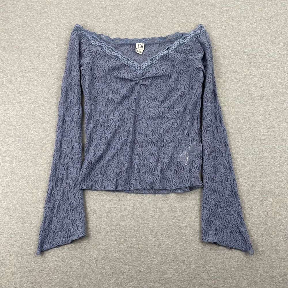 BDG UO Rhia Off-the-Shoulder Lace Top Womens L Dusty Blue Coquette Bell Sleeves